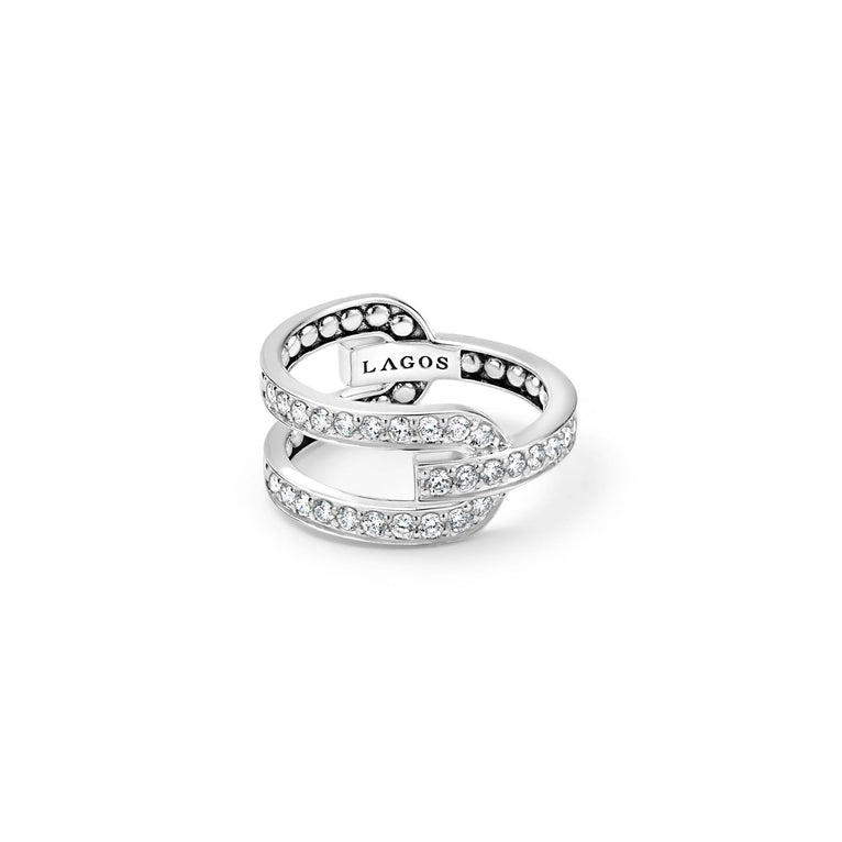 Caviar Spark Silver Caviar Linear Diamond Ring with overlapping sterling silver bands, set with pavé diamonds, showcasing LAGOS elegance and craftsmanship.