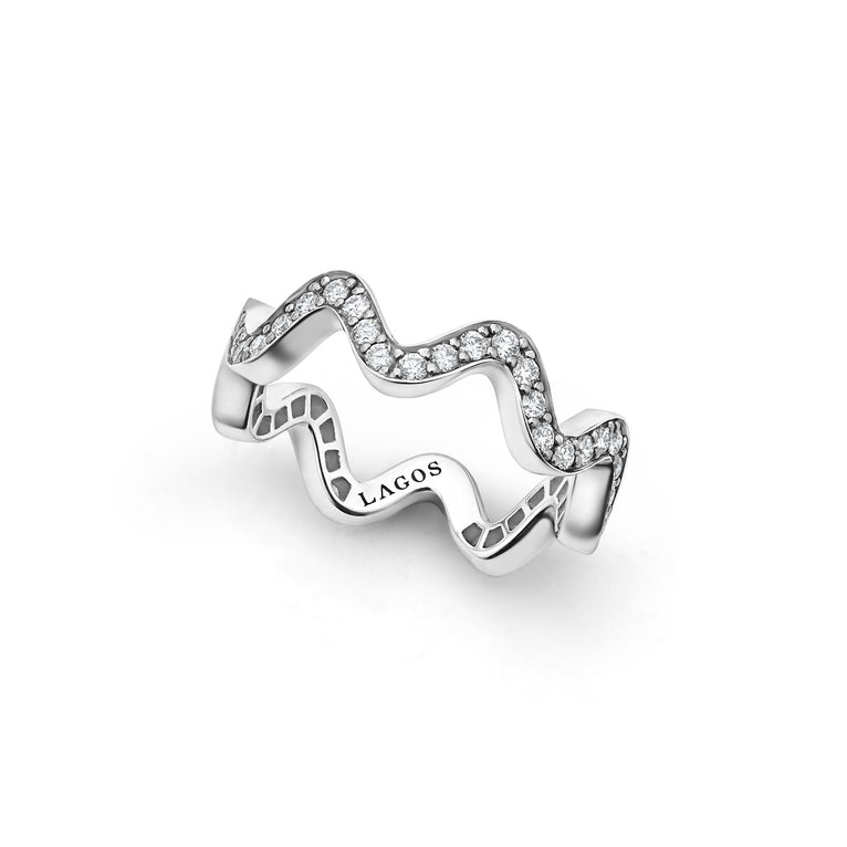Sterling silver and diamonds form this wave band ring. LAGOS diamonds are the highest quality natural stones.