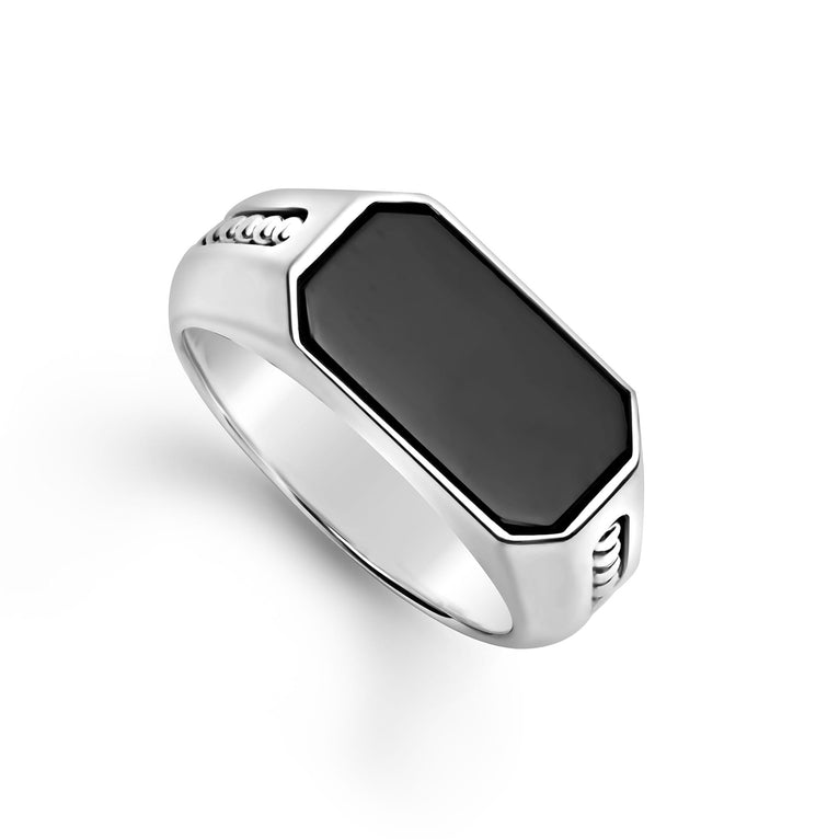 Onyx gemstone accented by sterling silver Caviar beading forms this statement ring.