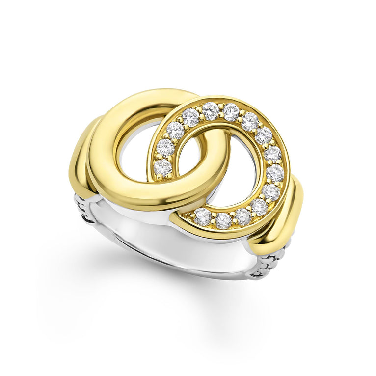 18K gold, diamonds, and sterling silver Caviar beading form this interlocking statement ring. LAGOS diamonds are the highest quality natural stone.