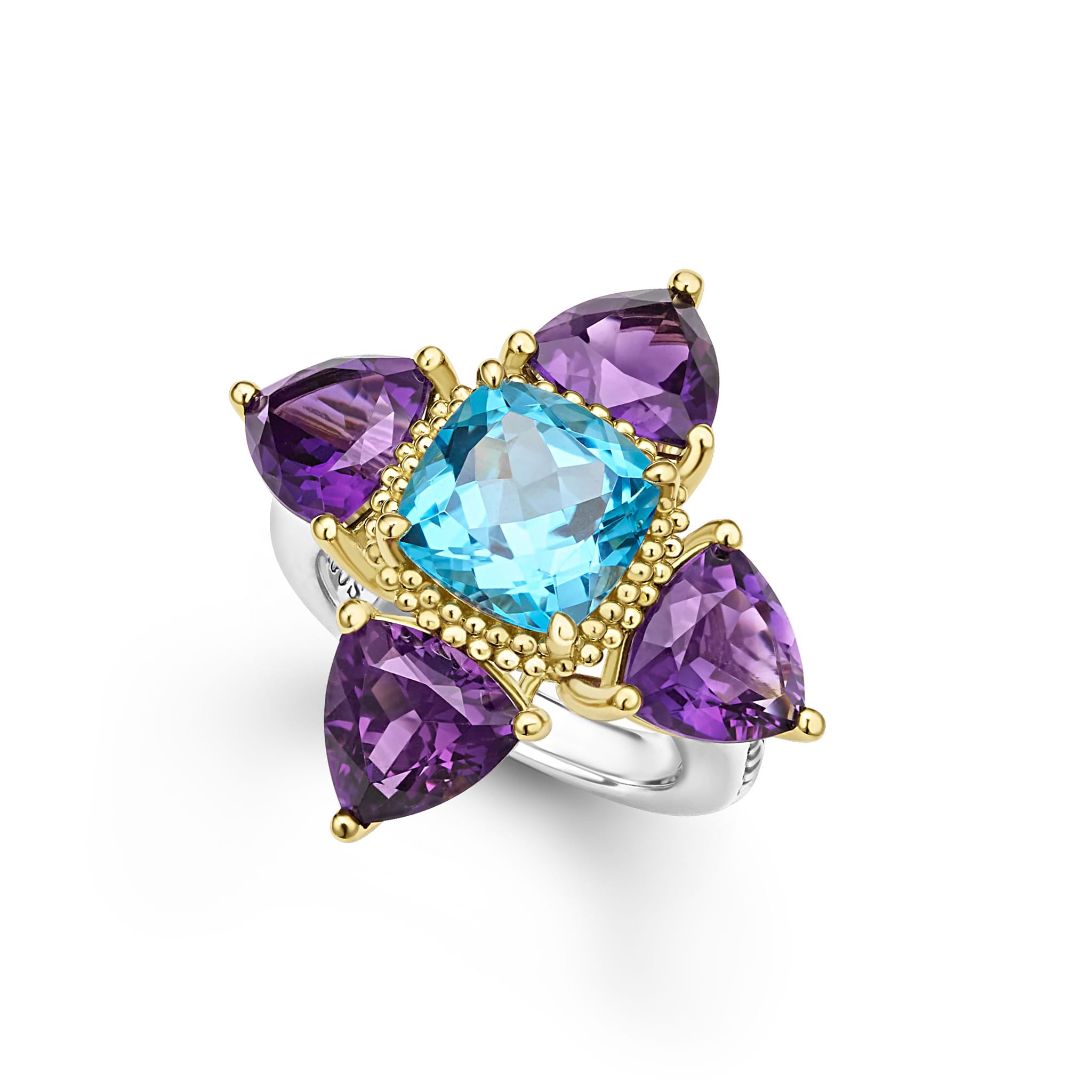 Caviar beaded 18k gold and smooth sterling silver are complimented with a pop of color from amethyst and swiss blue topaz gemstones to form this floral motif ring.