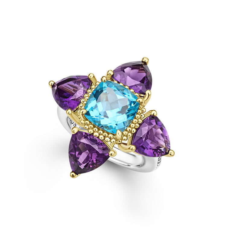 Caviar beaded 18k gold and smooth sterling silver are complimented with a pop of color from amethyst and swiss blue topaz gemstones to form this floral motif ring.
