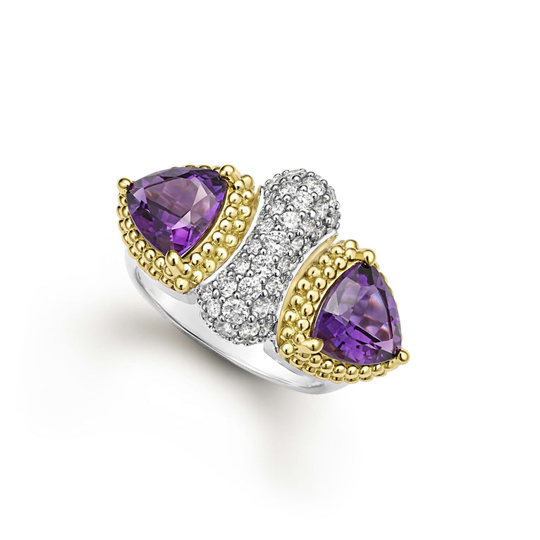 Triangle amethyst gemstones and round diamonds are set in Caviar beaded 18k gold and smooth sterling silver to form this intricate ring. LAGOS diamonds are the highest quality natural stones.