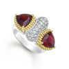 Bold and elegant, this garnet trillion ring features deep red garnets, brilliant diamonds at its center, and 18k Caviar gold beaded accents.