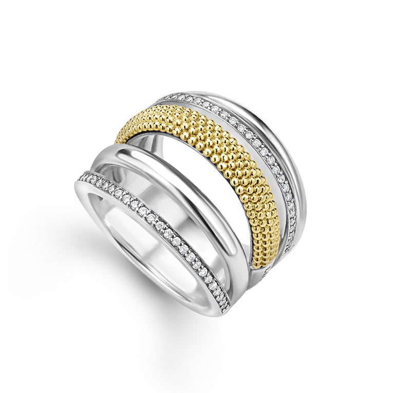 Diamonds, sterling silver, and 18K gold superfine Caviar beading form this stunning five row ring. LAGOS diamonds are the highest quality natural stones.