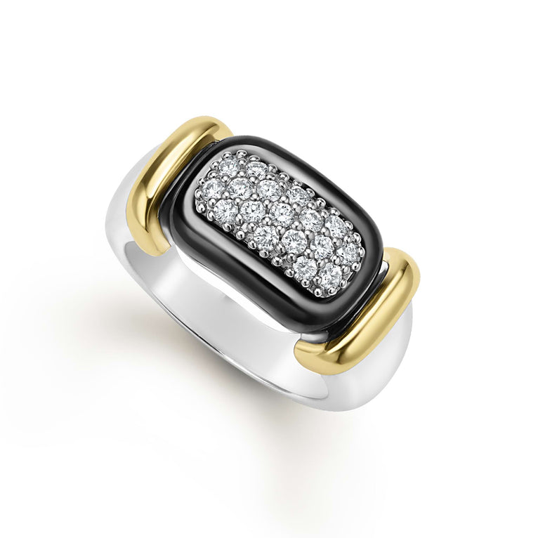 front of sterling silver and black ceramic statement ring with diamond details