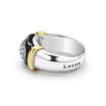 side of front of sterling silver and black ceramic statement ring with diamonds and LAGOS engraving 