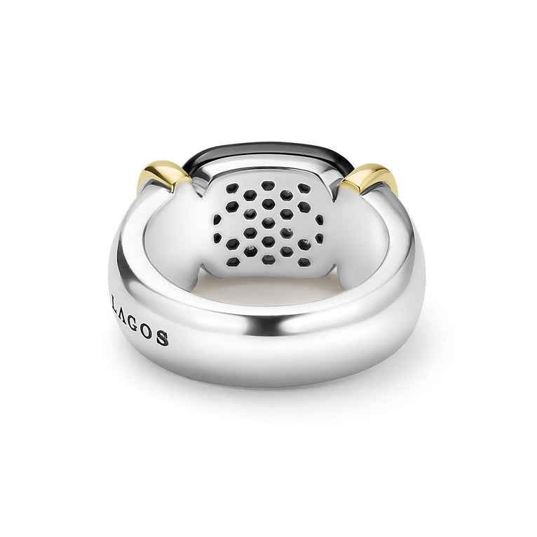 back of front of sterling silver and black ceramic statement ring with diamonds and LAGOS engraving 