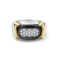 front of front of sterling silver and black ceramic statement ring with diamonds