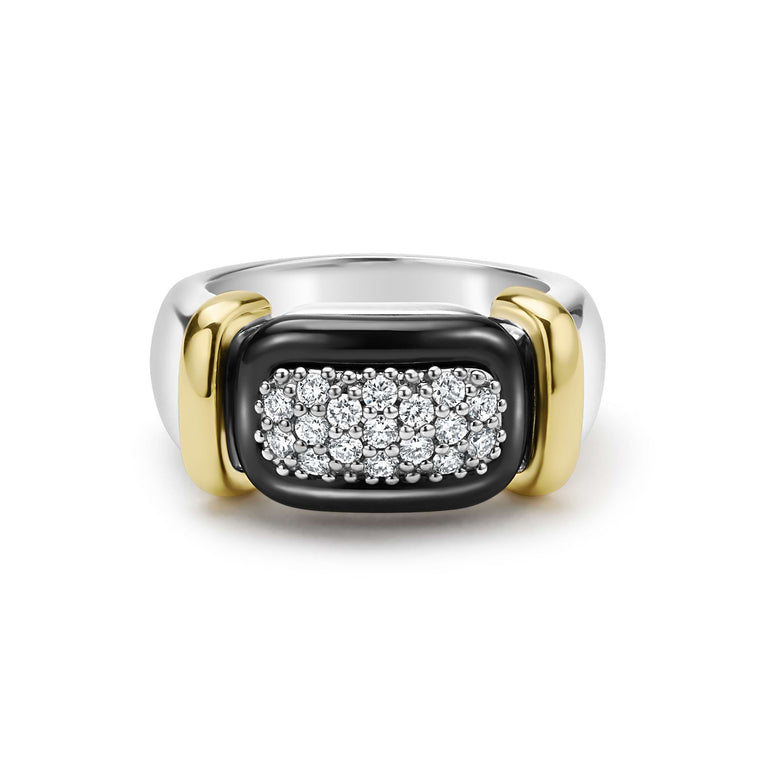 front of front of sterling silver and black ceramic statement ring with diamonds