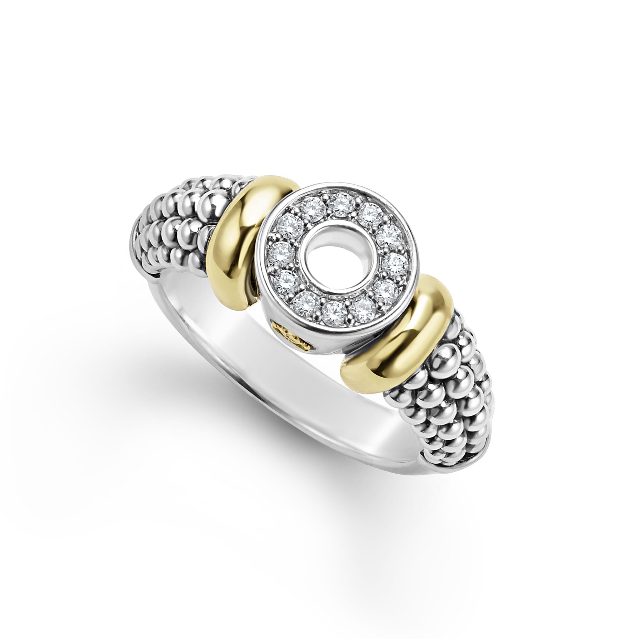 sterling silver beaded circle statement ring with gold and diamond details