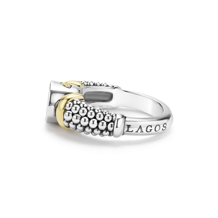 side of sterling silver beaded circle statement ring with gold and diamond details