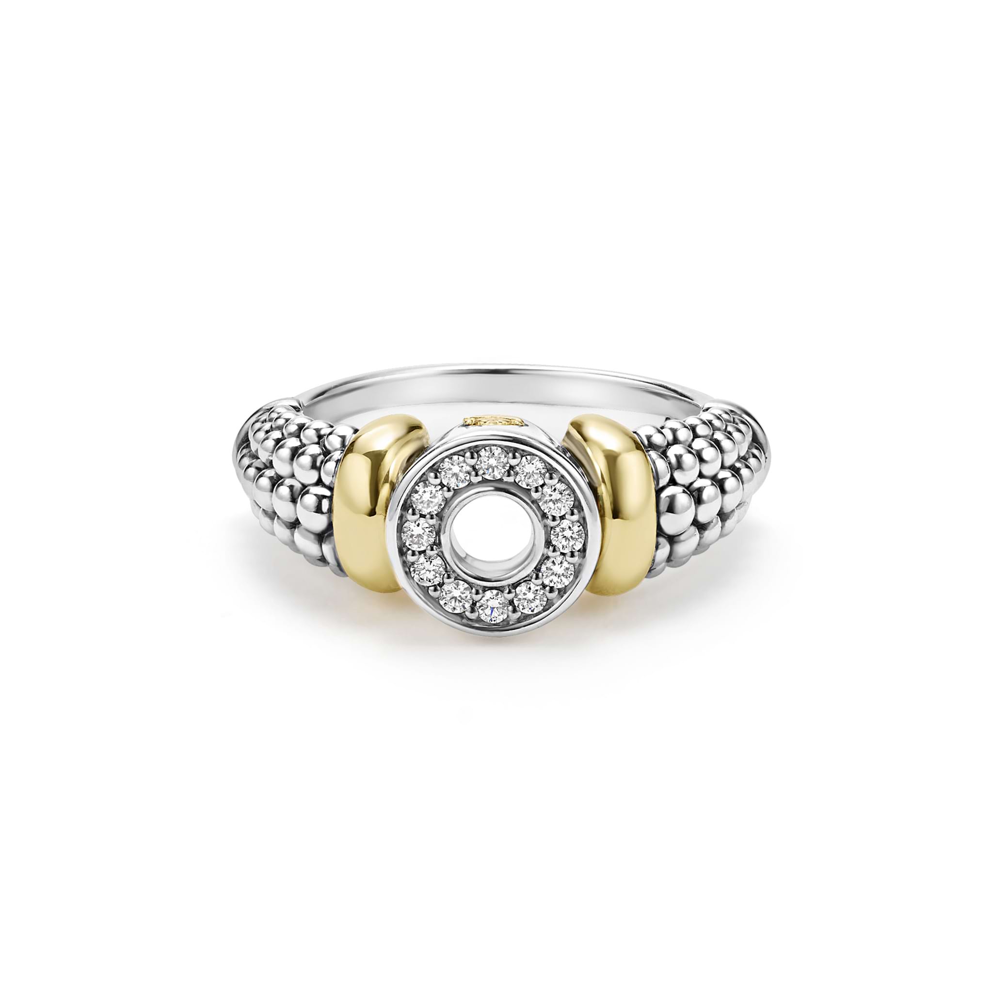 front of sterling silver beaded circle statement ring with gold and diamond details