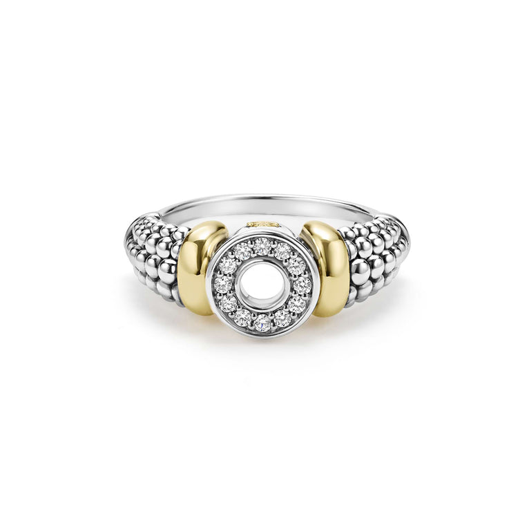 front of sterling silver beaded circle statement ring with gold and diamond details