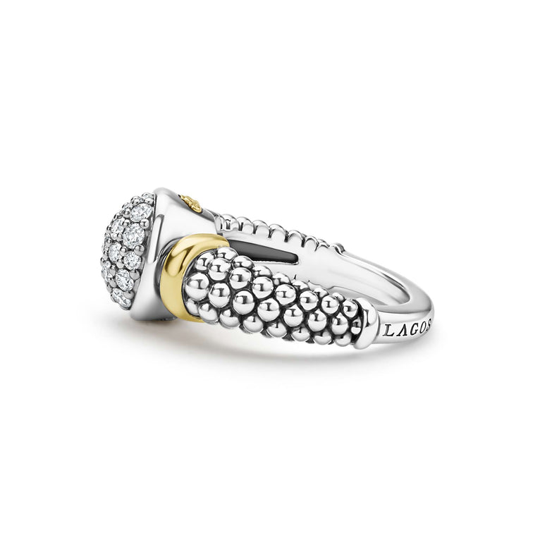 side of sterling silver beaded oval statement ring with gold and diamond details