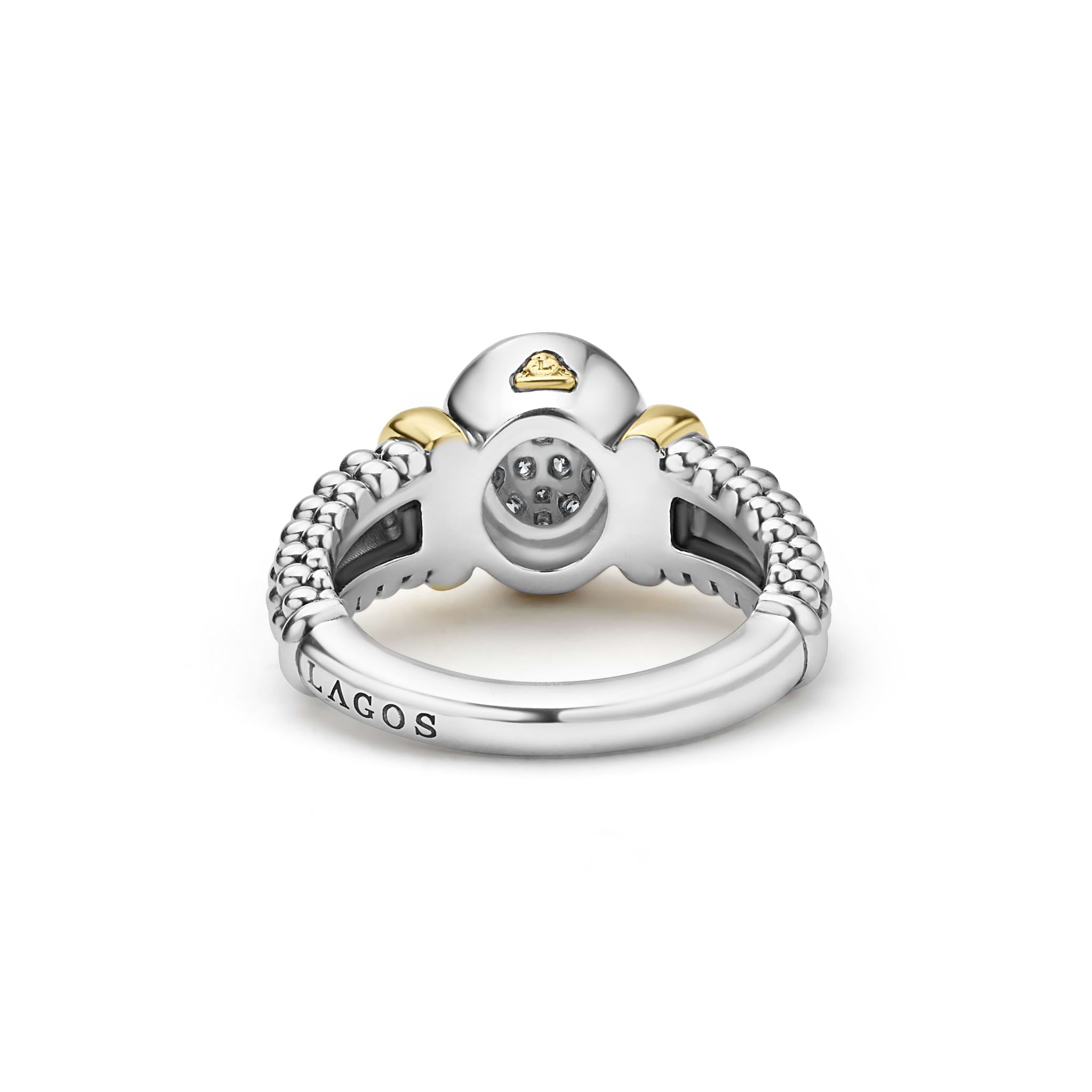 back of sterling silver beaded oval statement ring with gold and diamond details