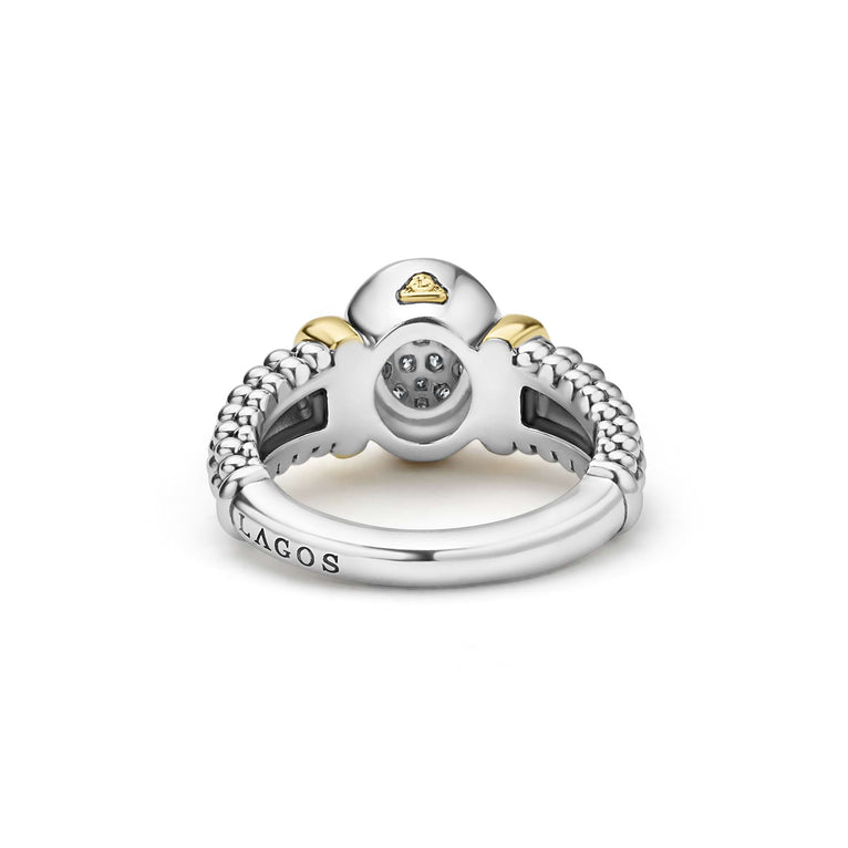 back of sterling silver beaded oval statement ring with gold and diamond details