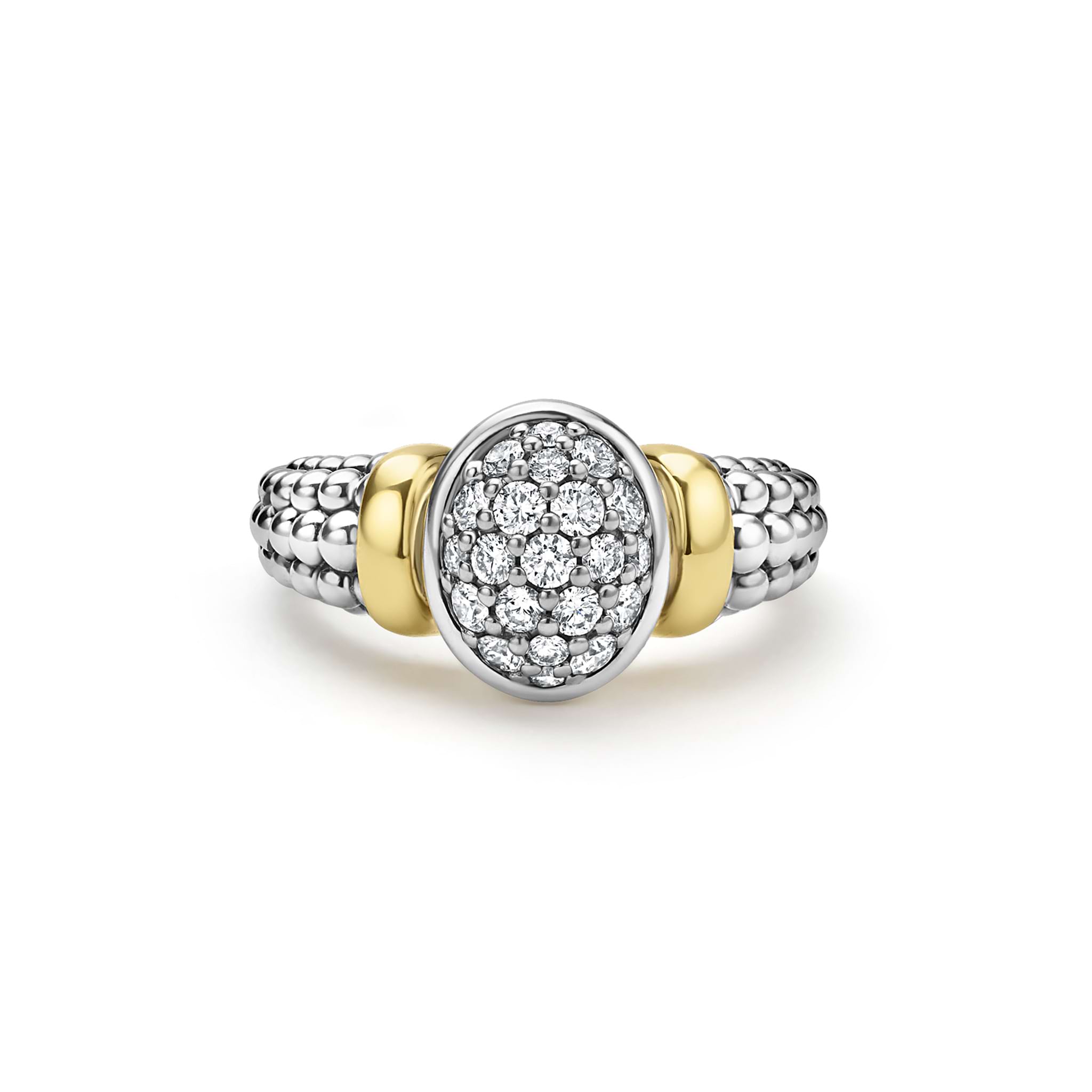 front of sterling silver beaded oval statement ring with gold and diamond details