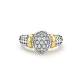 front of sterling silver beaded oval statement ring with gold and diamond details
