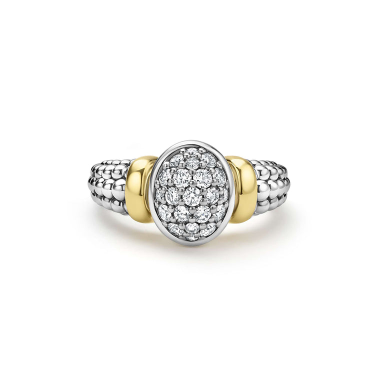 front of sterling silver beaded oval statement ring with gold and diamond details