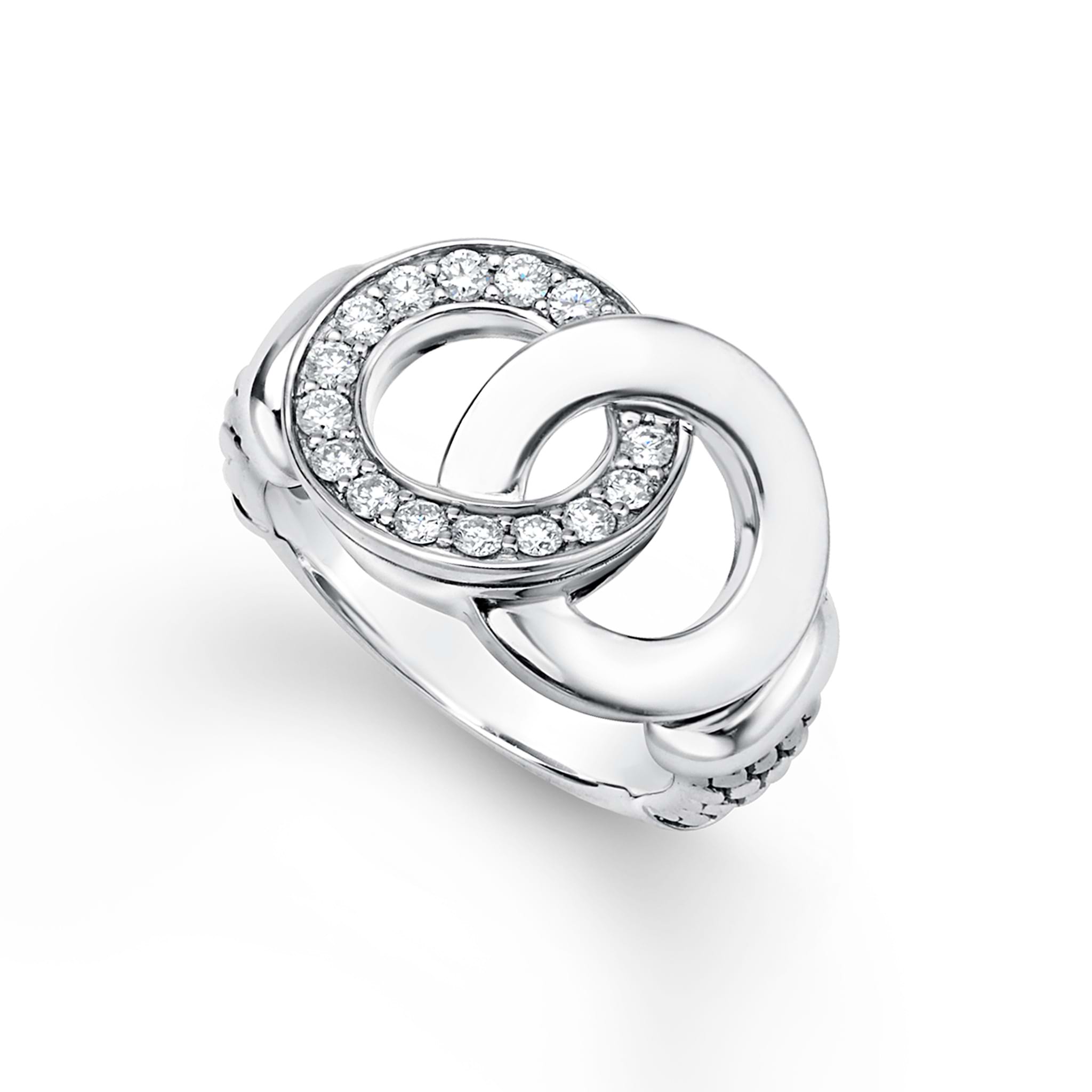 Signature Caviar Large Silver Interlocking Diamond Ring: polished sterling silver with pavé-set diamonds, featuring interlocking loops on a fine band, symbolizing unity and elegance.