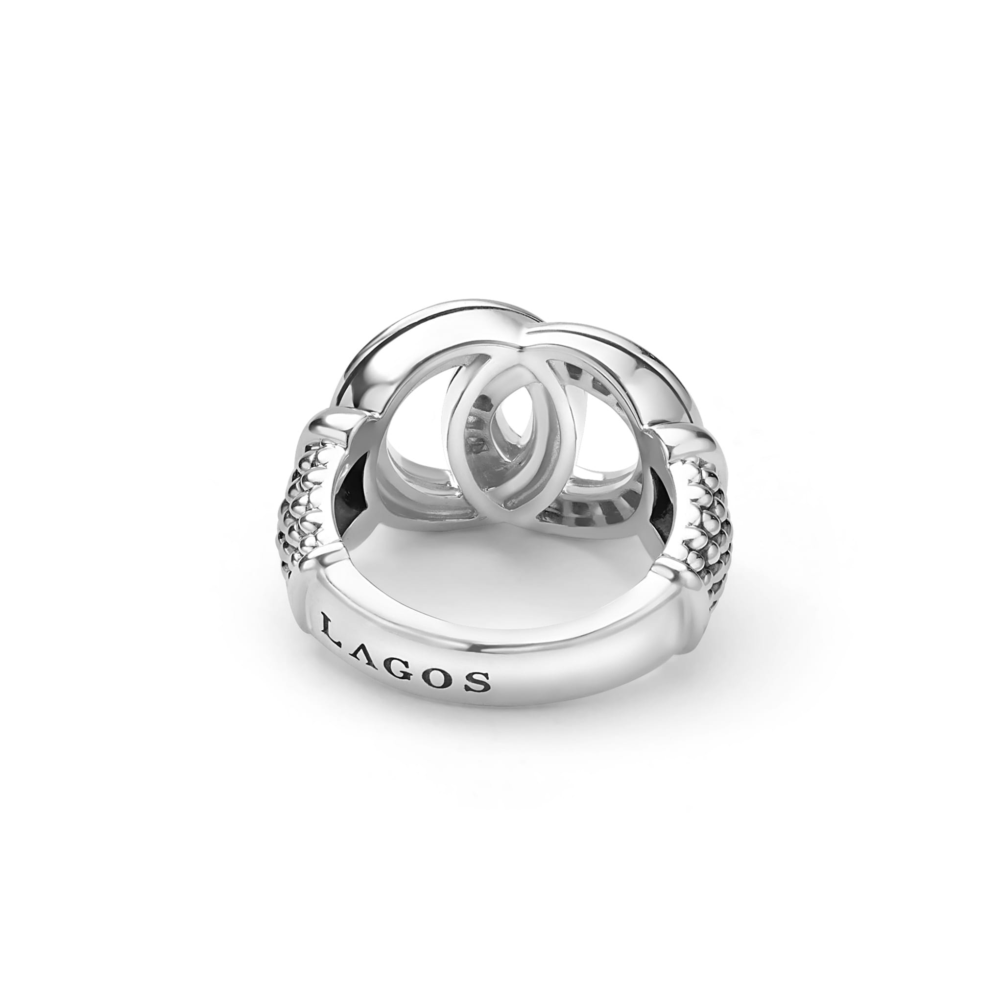 Signature Caviar Large Silver Interlocking Diamond Ring featuring smooth and beaded sterling-silver bands, engraved with LAGOS, artfully stacked showcasing pavé diamonds for timeless elegance.
