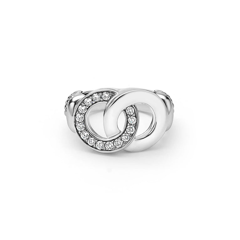 Signature Caviar Large Silver Interlocking Diamond Ring with pavé-set diamonds on a knot motif, symbolizing unity and elegance in polished sterling silver.