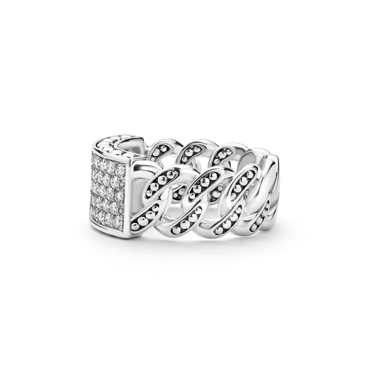 Anthem collection Caviar beaded sterling silver ring with pavé diamonds, 12 mm band