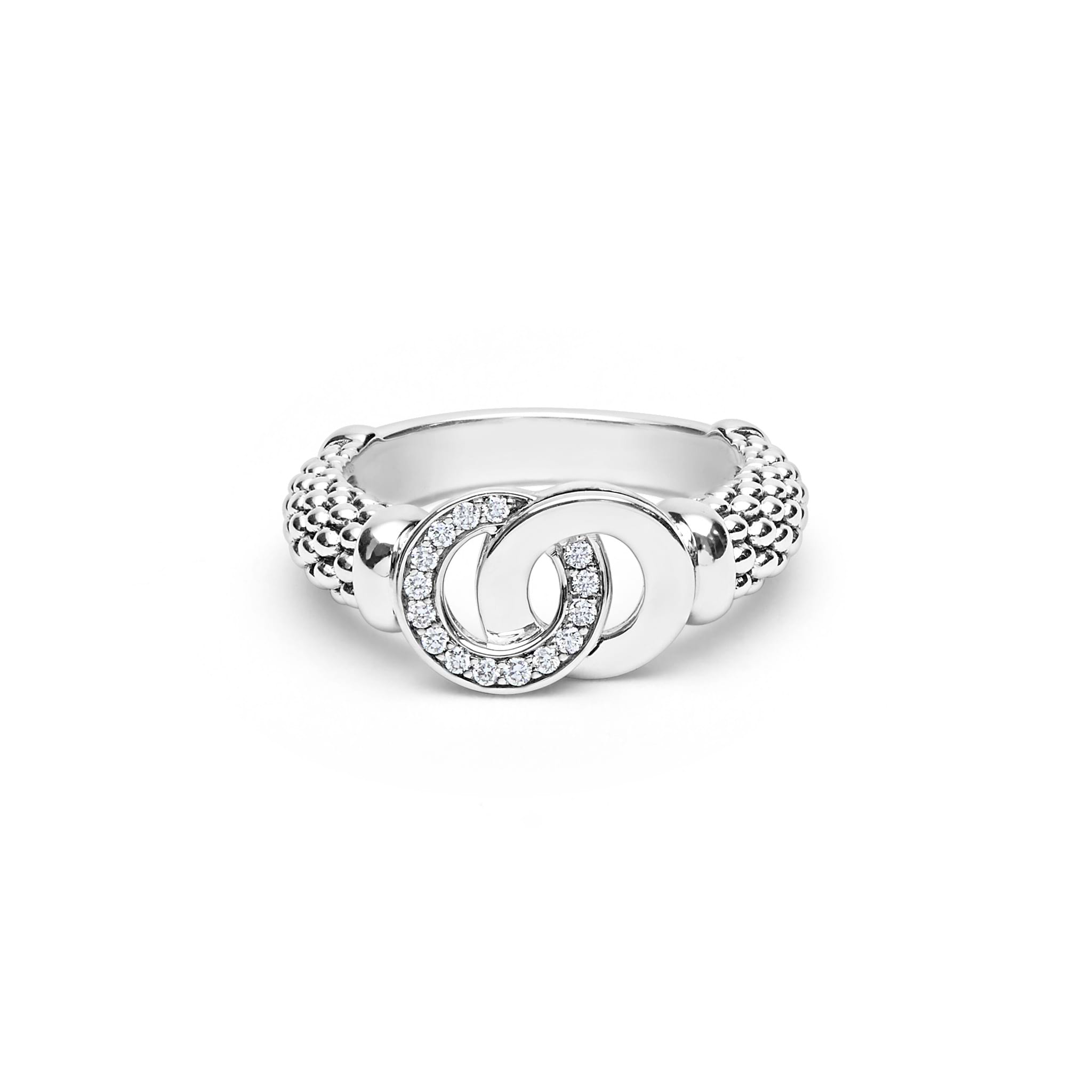Signature Caviar Medium Silver Interlocking Diamond Ring features a spherical band and interlocking diamond-paved motifs, symbolizing unity and elegance in sterling silver.