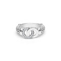 Signature Caviar Medium Silver Interlocking Diamond Ring features a spherical band and interlocking diamond-paved motifs, symbolizing unity and elegance in sterling silver.