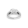 LAGOS Signature Caviar Medium Silver Interlocking Diamond Ring featuring caviar-style beaded texture, interlocking-circle motif, and brand stamp, symbolizes unity and elegance.