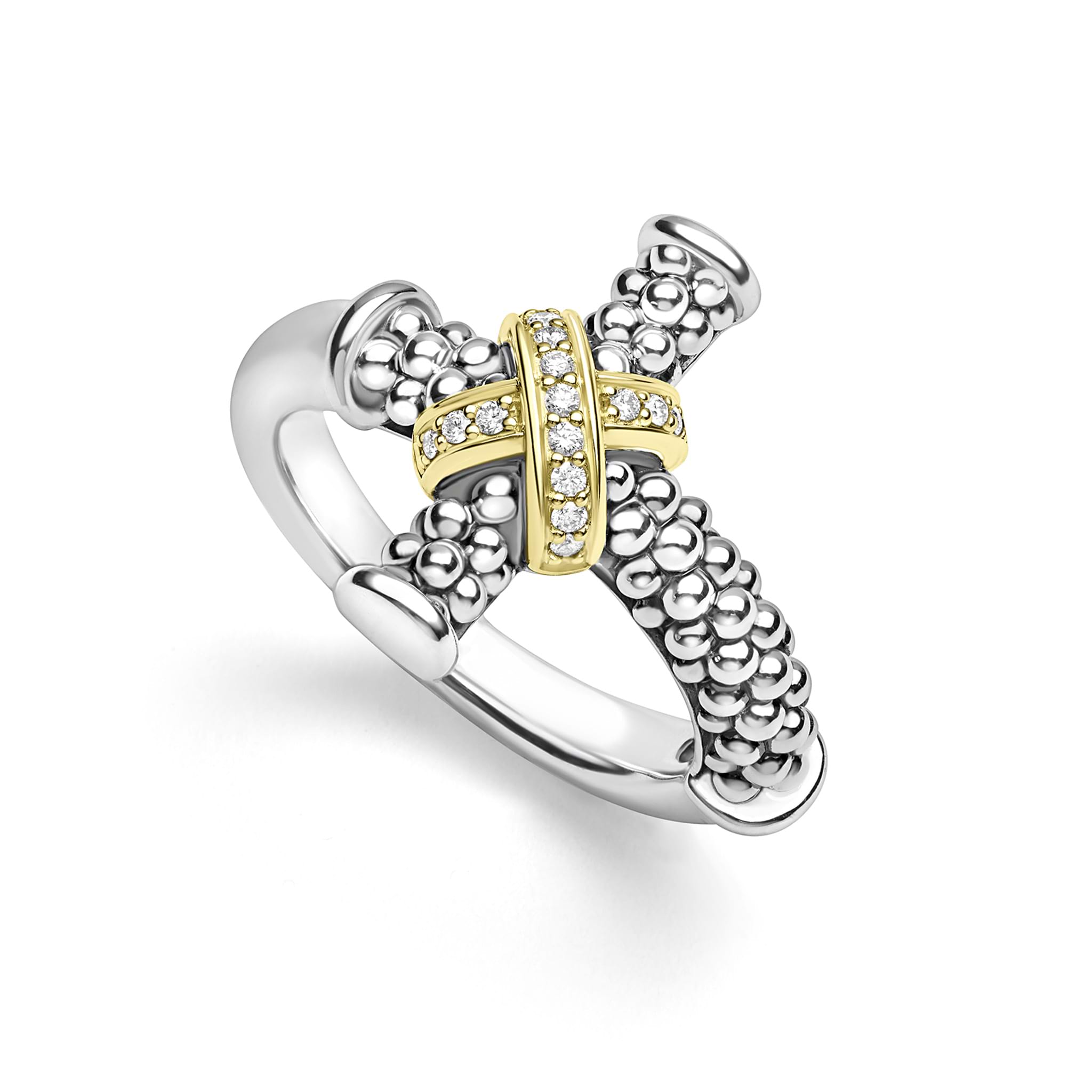 beaded sterling silver and gold diamond cross ring