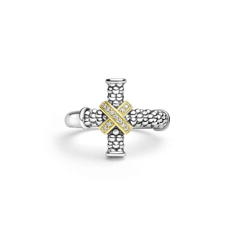 beaded sterling silver and gold diamond cross ring