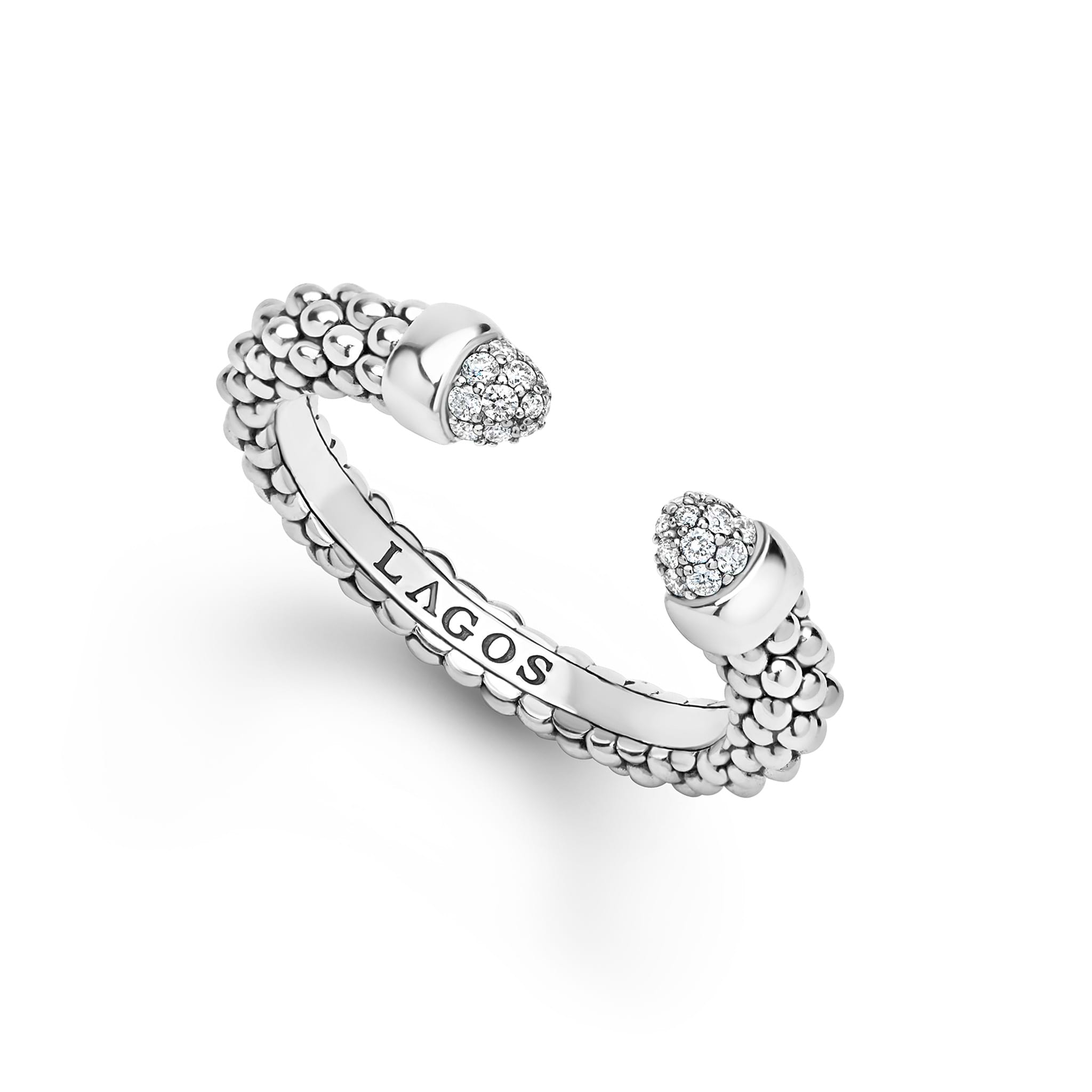 Signature Caviar Sterling Silver Diamond Mini Versa Stacking Ring with caviar texture and pavé diamonds on open ends, showcasing LAGOS hallmark craftsmanship.