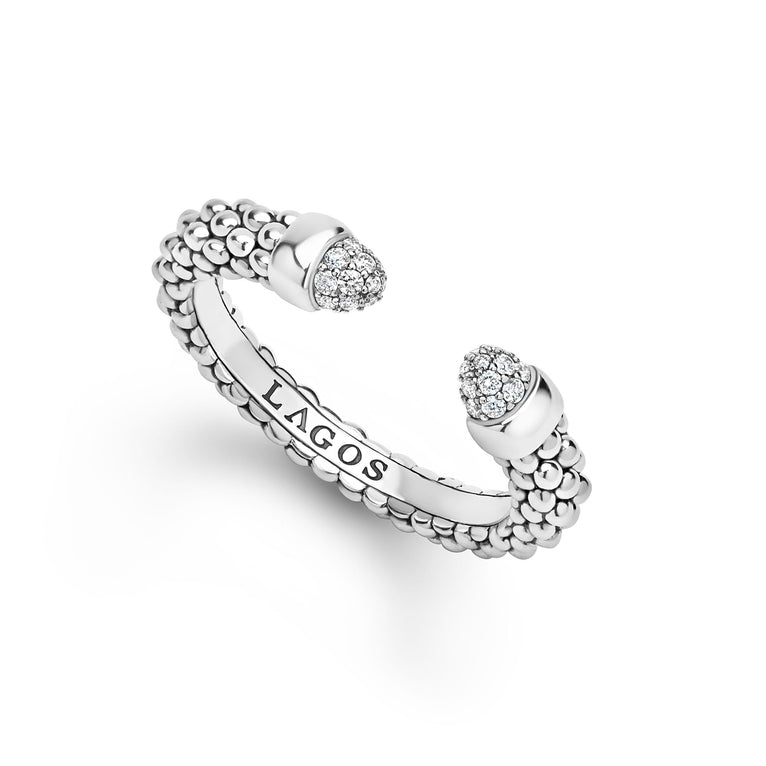 Signature Caviar Sterling Silver Diamond Mini Versa Stacking Ring with caviar texture and pavé diamonds on open ends, showcasing LAGOS hallmark craftsmanship.