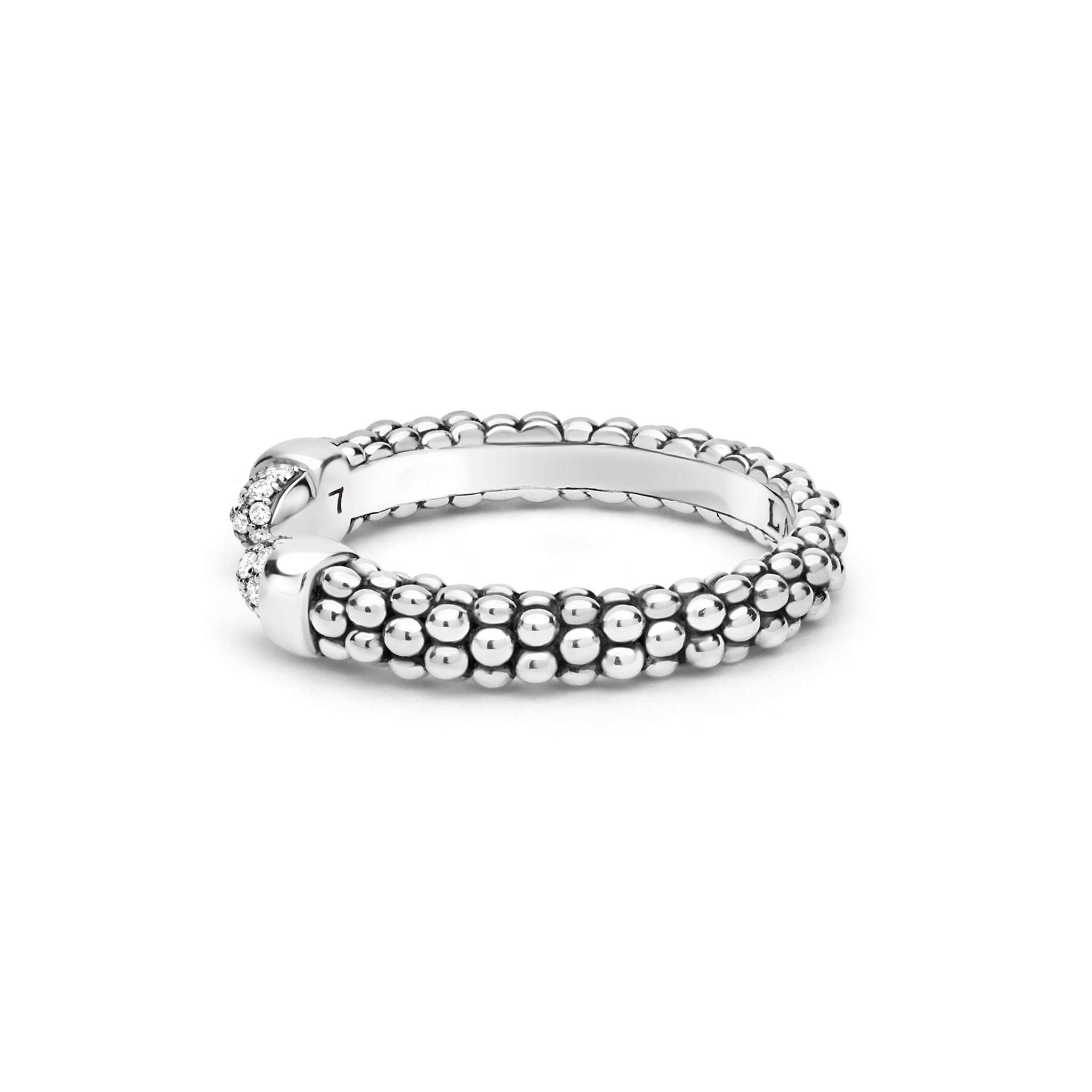 Signature Caviar Sterling Silver Diamond Mini Versa Stacking Ring with smooth and beaded double-band, featuring pavé-set stones for subtle sparkle and elegance.
