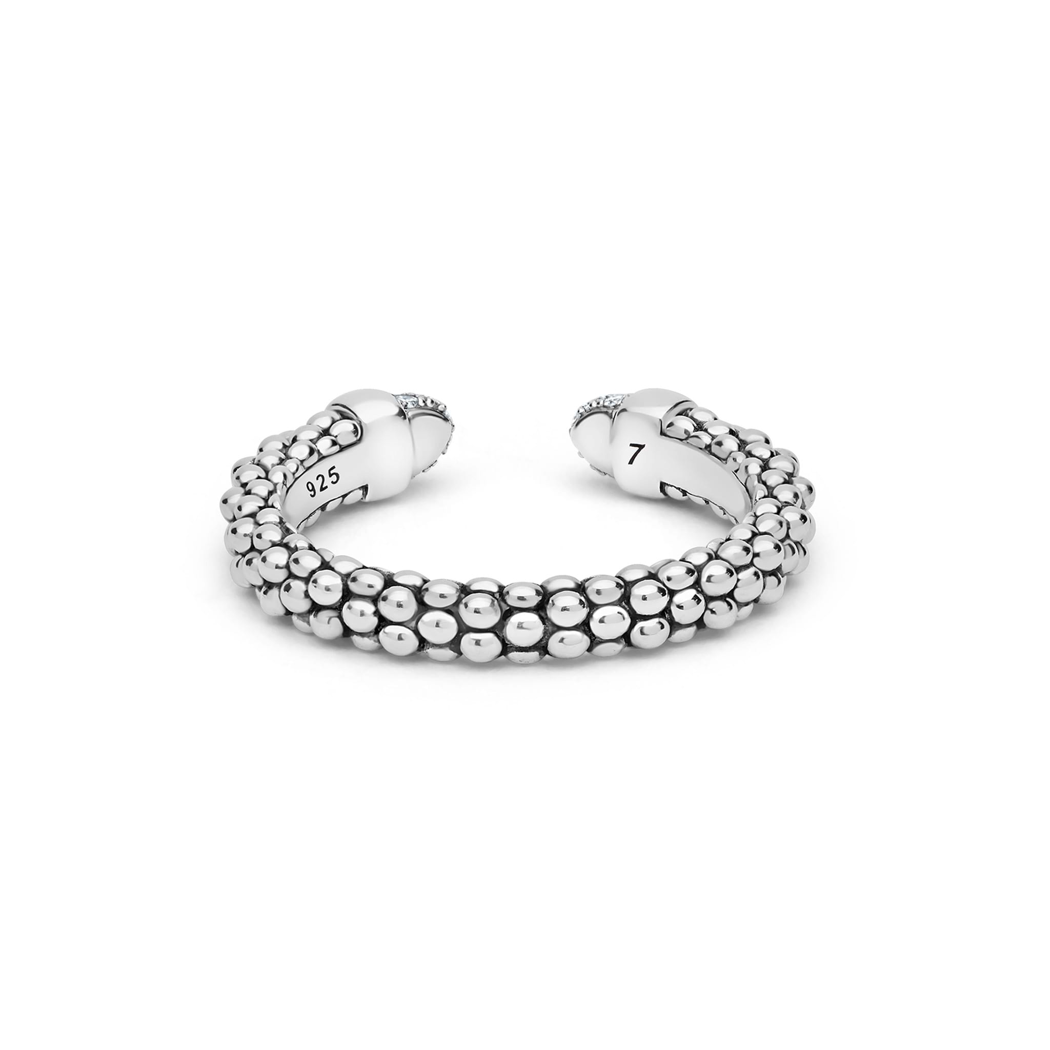 Signature Caviar Sterling Silver Diamond Mini Versa Stacking Ring, featuring beaded sterling silver design with pavé diamonds, showcasing LAGOS's elegant, refined craftsmanship.