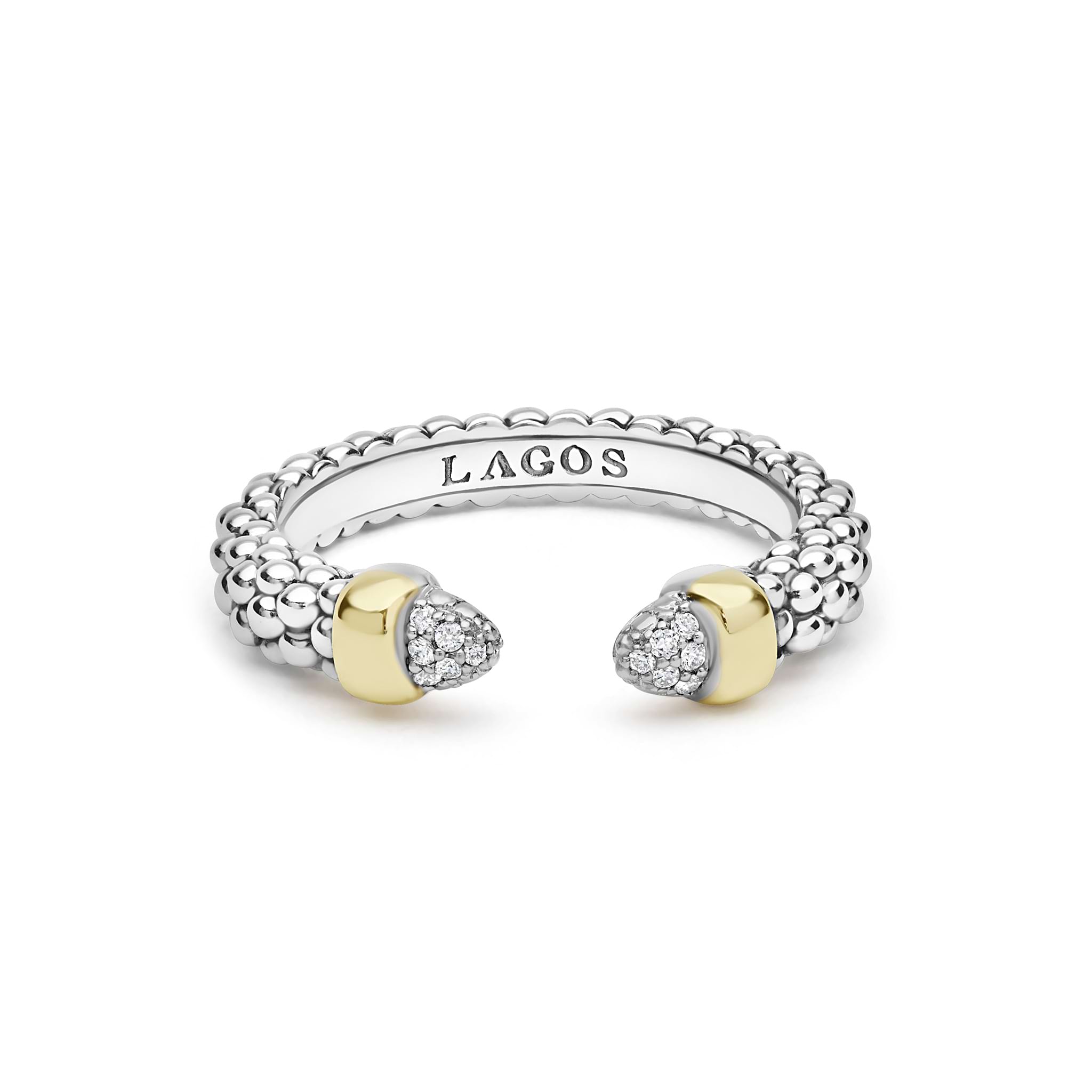 Signature Caviar Two-Tone Diamond Mini Versa Stacking Ring features sterling silver caviar beading, 18K gold pavé diamond end caps, and 14K gold stations, showcasing LAGOS elegance.