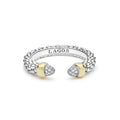 Signature Caviar Two-Tone Diamond Mini Versa Stacking Ring features sterling silver caviar beading, 18K gold pavé diamond end caps, and 14K gold stations, showcasing LAGOS elegance.