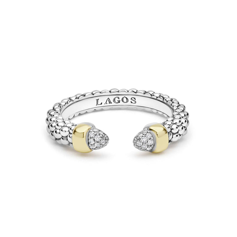 Signature Caviar Two-Tone Diamond Mini Versa Stacking Ring features sterling silver caviar beading, 18K gold pavé diamond end caps, and 14K gold stations, showcasing LAGOS elegance.