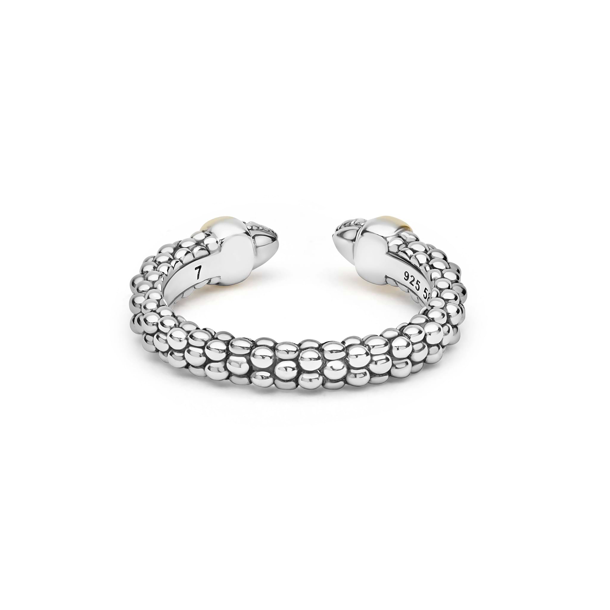 Signature Caviar Two-Tone Diamond Mini Versa Stacking Ring: Sterling silver ring with caviar beading and 14K gold accents, featuring pavé diamond end caps and two stylized snake heads.