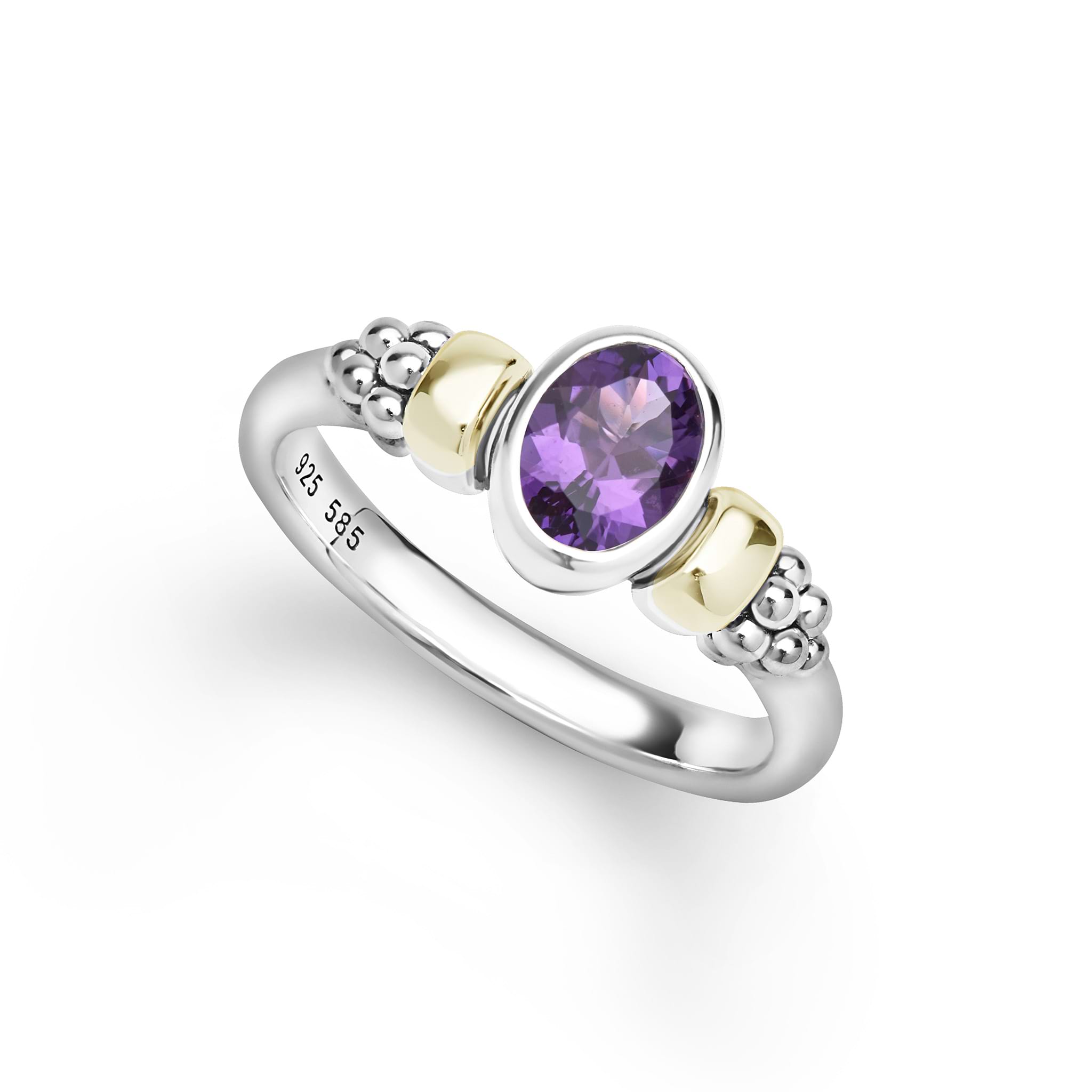 Signature Caviar Two-Tone Amethyst Oval Ring in sterling silver with 14K gold accents, featuring a faceted purple amethyst and caviar beading.