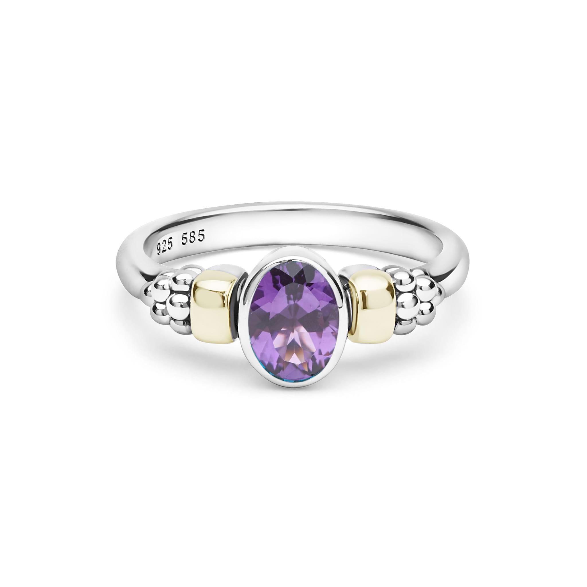 Signature Caviar Two-Tone Amethyst Oval Ring with oval purple gemstone, sterling silver band, 14K gold accents, and caviar beading detailing.