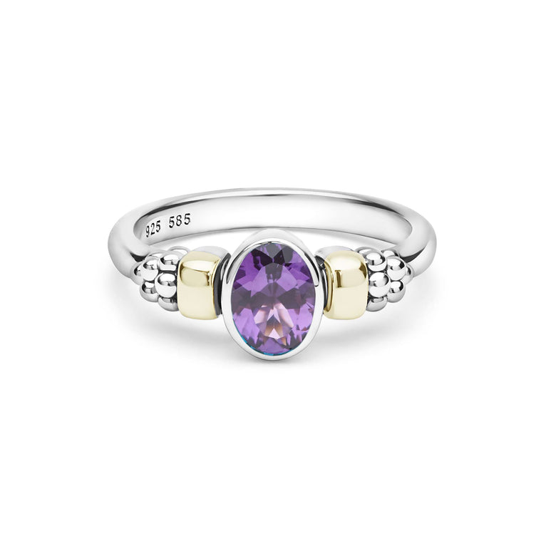 Signature Caviar Two-Tone Amethyst Oval Ring with oval purple gemstone, sterling silver band, 14K gold accents, and caviar beading detailing.