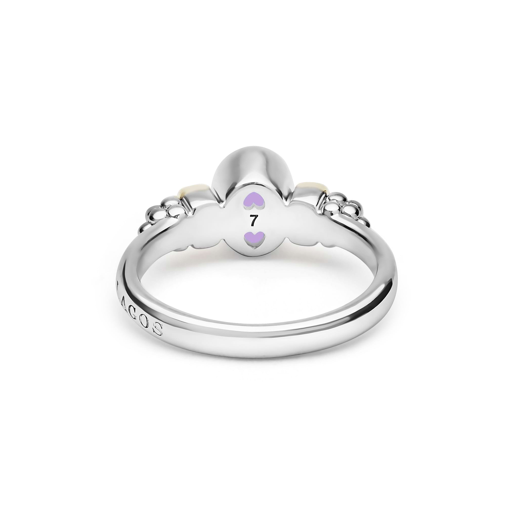 Sterling silver tiara-style ring with crown shape, bead-like accents, and lavender heart size marker. Features Signature Caviar Two-Tone Amethyst Oval Ring engraved.