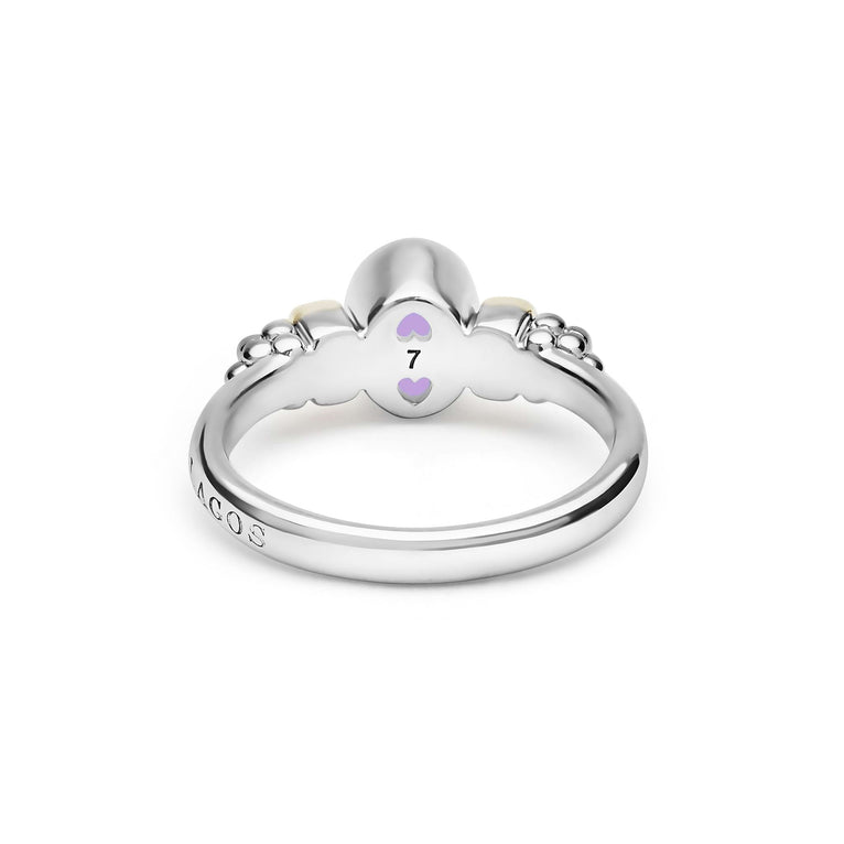 Sterling silver tiara-style ring with crown shape, bead-like accents, and lavender heart size marker. Features Signature Caviar Two-Tone Amethyst Oval Ring engraved.