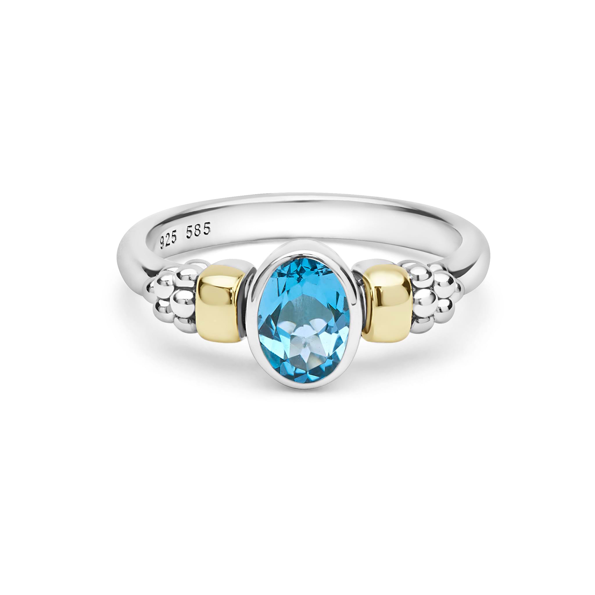 Signature Caviar Two-Tone Swiss Blue Topaz Oval Ring in sterling silver with 14K gold accents, featuring a pear-cut blue topaz and caviar beading.