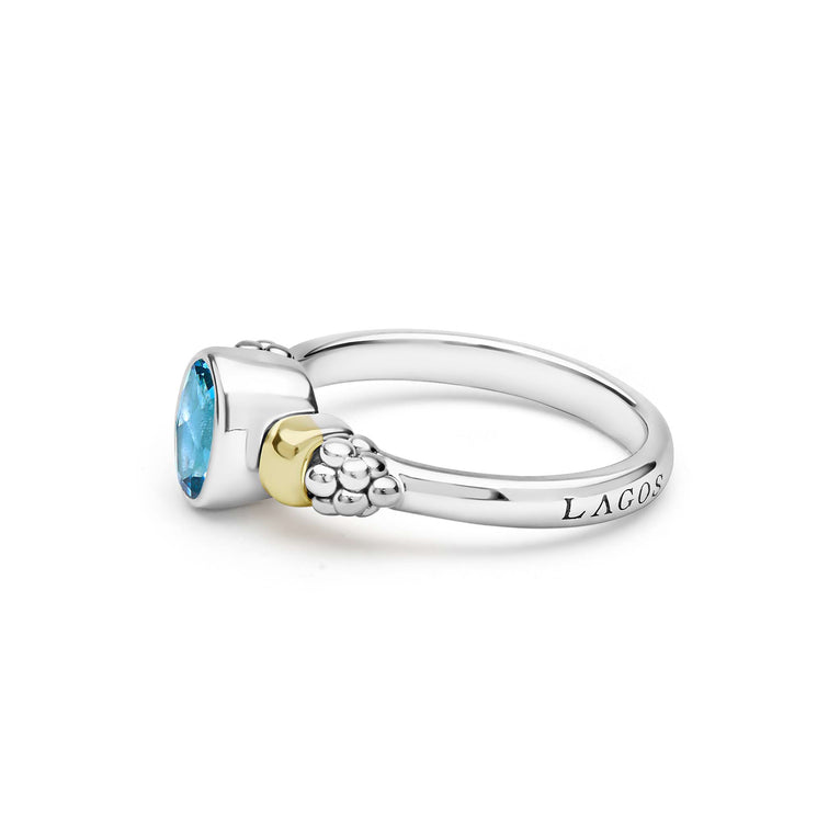 Signature Caviar Two-Tone Swiss Blue Topaz Oval Ring in sterling silver with a faceted blue gemstone, 18K gold accents, and caviar beading detailing.