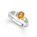 Signature Caviar Two-Tone Citrine Oval Ring, featuring a faceted oval orange gemstone, bezel-set in sterling silver with 14K gold accents and caviar beading details.