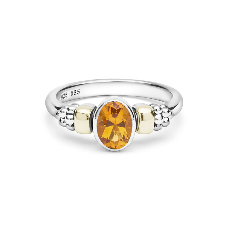 Signature Caviar Two-Tone Citrine Oval Ring featuring a polished sterling silver band, 14K gold accents, and a central oval citrine, enhanced by decorative caviar beading.